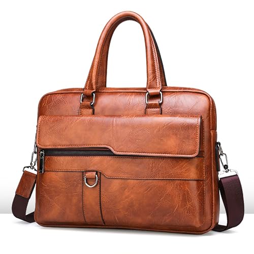Aishini Men's Leather Briefcase & Messenger Bag - 16 inch Laptop Satchel with Adjustable Shoulder Strap, Waterproof Large Capacity Business Handbag for Professionals - [ 42 x 38 x 6cm ] Tan Brown | ASLPTOP02