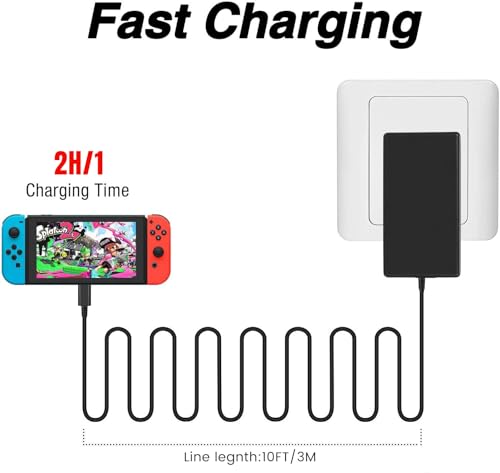 45W Charger for Switch 1/2/Switch OLED/Switch Lite, 2Hours 15V/3A Fast Charging AC Adapter 5FT Type-C Cable Power Supply for Switch 1/2/Lite/Dock and Pro Controller - Support TV Mode