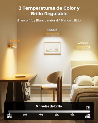Lampara de Pared Recargable Inalambrica, Juego de 2 Apliques de Pared LED con Control Remoto, Luz RGB 15 Colores, 3 CCT Regulable, Rotación Magnética 360°, Lamparas de Pared Interior de Madera