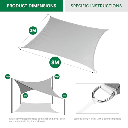 Shade Cloth 3 x 3 m Rectangular, 420D Oxford Fabric Premium UV Protection, Waterproof, Tear and Weather Resistant for Garden, Balcony and Terrace, Fixing Cables Included, Grey