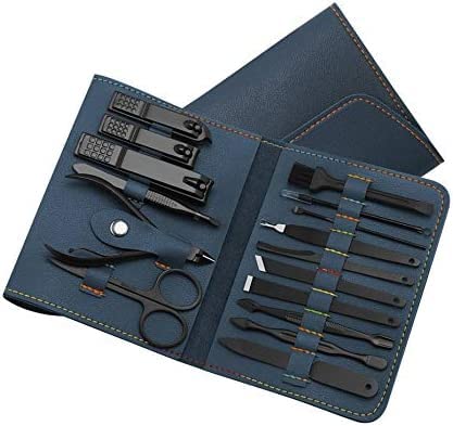 ProBytes 16 Piece Unisex Grooming Kit - His Her Manicure Set, Pedicure, Hand Foot Facial Nail Intimate Personal Care, Leather Case, Travel Essential, Rustproof Powder Coated Steel - Blue