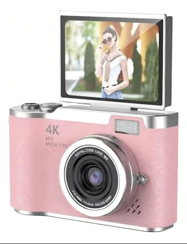 Câmera Digital 4K Ultra HD 48MP com Tela LCD Giratória 180°, Zoom Digital 8X, Flash LED, Bateria Recarregável – Ideal para Vlog, Selfie, Viagem e Iniciantes (Rosa)