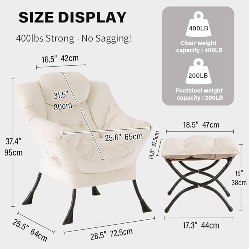 Tiita Lazy Chair with Ottoman, Beige Modern Large Accent Chair, Comfy Leisure Sofa Armchair with Ottoman, Reading Chair with Footrest for Bedroom, Living Room, Dorm Rooms, Velvet Beige