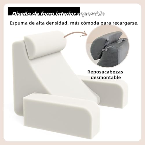 Almohada para espalda con reposabrazos y bolsillos para sentarse en cama, respaldo para cama, almohada de lectura, descanso, jugar, relajarse o ver la televisión para adultos, 48cm*40cm*48cm (gris)