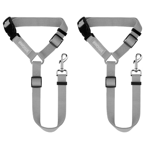 BWOGUE 2 Packs Dog Cat Safety Seat Belt Strap Car Headrest Restraint Adjustable Nylon Fabric Dog Restraints Vehicle Seatbelts Harness Grey