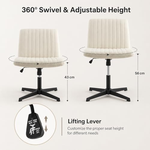 Cross Legged Armless Office Chair, Wide Seat Swivel Desk Chair with Adjustable Height, Rocking Function, Padded Beige Vanity Chair for Home Office, Bedroom, Study Room