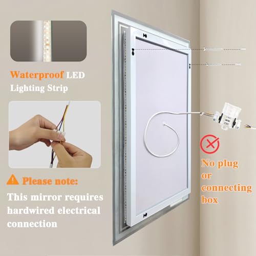 Archaluxe Bathroom Mirror with LED Light: 45x60cm Illuminated Wall Mounted LED-Bathroom-Mirror with Shaver Socket, Anti-Fog,3 Colors Dimmable, Memory Function, IP44 Smart Mirror Horizontal/Vertical