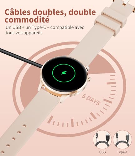 HIRREO Montre Connectée Femme Ronde, Smartwatch Femme Ultrafin 7,99 mm 1,32" Écran Clair Appel Bluetooth, Montre Intelligente Santé Féminine Fréquence Cardiaque SpO2 Fitness Podomètre, Or Rose