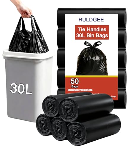 RULDGEE Strong Tie Handle Bin liners 30l Bin Bags 50 Counts Swing Trash Bag Black Waste Bags for Kitchen