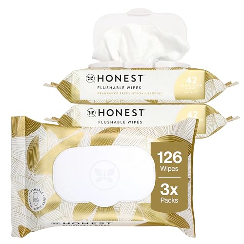 The Honest Company Flushable Wipes for Sensitive Skin Fragrance-Free Hypoallergenic pH-Balanced Feminine 99% Water Safe-to-Flush Gilded Wings 126 Count