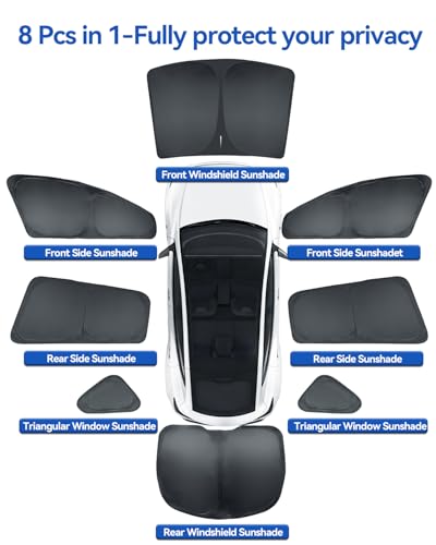 LANTU 8 Pack Car Sun Shades for Tesla Model Y 2025-2026 Juniper Design for Rear Windshield Side Window Complete Kit Camping Privacy Curtains UV Protection Tesla Model Y Accessories
