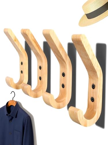 Wall Mounted Solid Wood Coat Rack (4 Pieces) - Hand Polished Oak Design Hooks - 10kg - For Kitchen, Bedroom & Bathroom