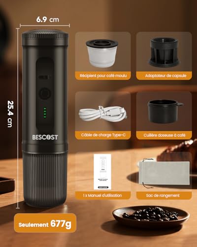 BESCOST Portable Coffee Maker, 2 in 1 Portable Coffee Maker Compatible with Espresso Capsules and Coffee Powder, 9600mAh 20 Bars, Rechargeable for Travel, Camping, Car, Home