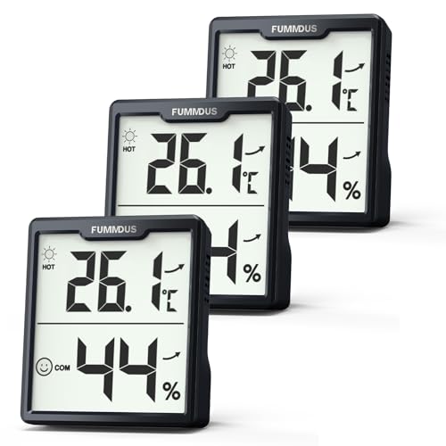 FUMMDUS Pack of 3 Digital Thermometer Hygrometer Indoor with Batteries AAA Temperature and Humidity Meter Indoor with Comfort Symbol Room Climate Meter for Greenhouse Wine Cellar (Black)