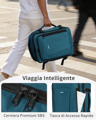 ECOHUB Ryanair Travel Backpack 40 x 30 x 20 cm, 13 Pockets Hand Luggage Under the Seat Handle Eco Friendly Airplane Bag in Recycled PET 24 Litres, Patented (Blue Green)