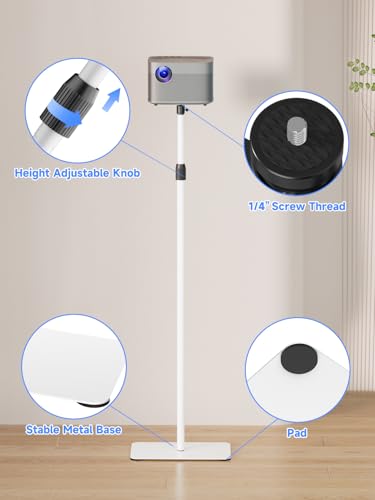 suptek Floor Stand for Projector 162 cm, Height Adjustable 136-162 cm, 360° Rotation, Stable Metal Base for Sofa or Bed, 1/4 Inch Screw, Ideal for Mini Projectors and Cameras, White