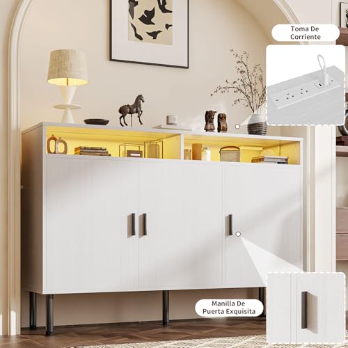 SIMPLE ESPACIO Mueble bufetera con tomacorriente, credenza bufetera,con luz LED,alacenas flotantes para Cocina, con Dos estantes Ajustables de Gran Espacio de Almacenamiento (Blanco, 1,2 Millones)