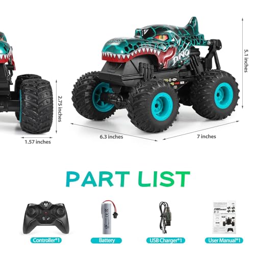Uniiking® Remote Control Monster Car, 2.4Ghz All Terrain Dinosaur Monster Truck Toys, RC Truck with Music, 3 Lighting Effects, 360 Stunt Capable, Toy Gifts for Boys and Girls (Cyan)