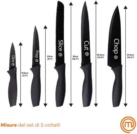 MasterChef Set Coltelli da Cucina, Collezione di Coltello Chef per Pane, Carne e Verdure, Acciaio Inox, Prova di Calore, Lavabile in Lavastoviglie, 5 Pezzi, Nero, Captions