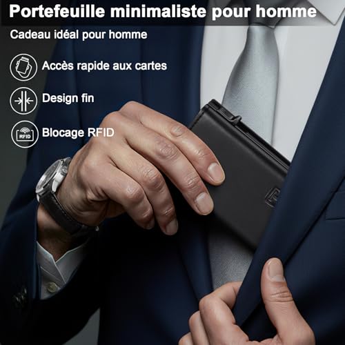 Portefeuille Homme en Cuir, Porte-Cartes avec Blocage RFID, 8 Porte Carte Crédit, Porte Carte Bancaire avec Compartiment à Billets et Poche à Monnaie, Cadeau Papa Fete des Peres - Boîte Cadeau