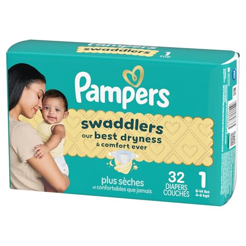PAMPERS SWADDLERS DIAPERS, SIZE 1 (8-14 LBS), 32 COUNT, ABSORBENT, KEEPS BABY DRY AND COMFORTABLE, SKIN SAFE DISPOSABLE BABY DIAPER (PACKAGING MAY VARY)