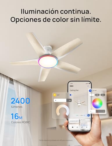 Dreo Low Profile Smart Ceiling Fan with Light 52", Dimmable LED with Adjustable Color Temperature, RGB Ambient Lighting, Quiet DC Motor, Easy Installation, APP, White