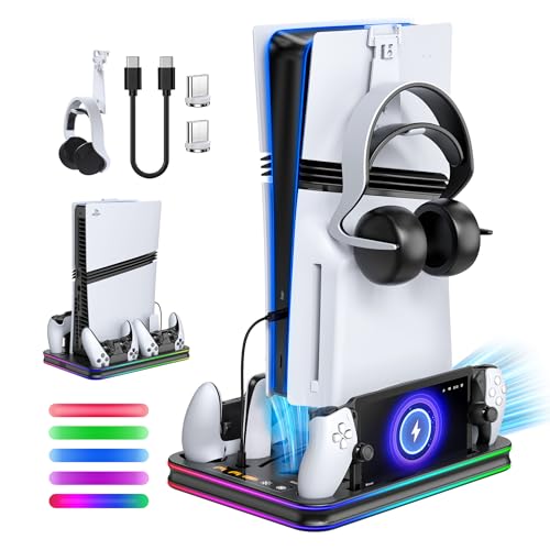 FYOUNG All in One Cooling Stand & Charger Station for PS5/Slim/Pro Console and Controller Charing Dock, Charging Stand for PlayStation Portal, Headset and Remote Holder with RGB Light Stand (Black)