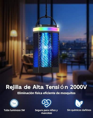 Regevo Rechargeable Electric Mosquito Lamp 8000mAh, 3 in 1 Electric Fly Swatter with LED and RGB Light, 2000V Insect Destroyer Outdoor and Indoor, IPX4 Waterproof for Camping, Garden, Home