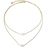 Elegant Double Layer Pearl Necklace, 18K Gold Plated over Stainless Steel Rope Chain with Freshwater Pearls, Layered Style, 16-Inch and 17-Inch Chains with 2-Inch Extension, Tarnish Resistant