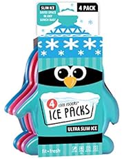 Fit + Fresh Cool Coolers Slim Ice Packs, Penguin Shaped, Long Lasting Ice Packs for Lunch Bags, Picnic Baskets, Coolers, and More, Set of 4, Multicolored