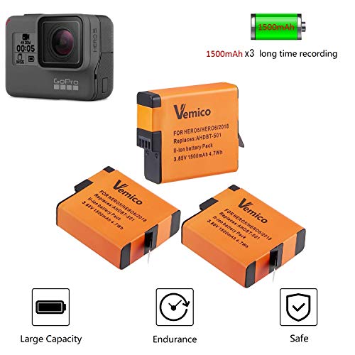 Vemico Battery Gopro Hero 7/6/5 1500mah Replacement Batteries (3 Pack