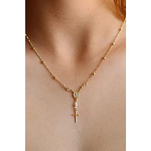Colar Terço Rosário com Cruz Semi Joia Banhado Ouro 18k - Religioso Católico - Corrente 45cm - Antialérgico - Presente Feminino - Stella Semi Joias
