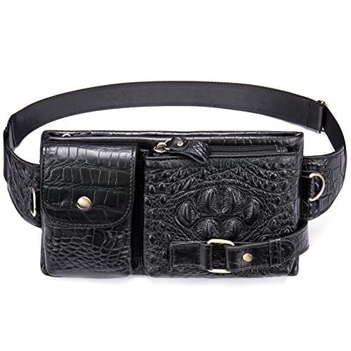 Rugged Genuine Leather Fanny Pack for Men Hands-Free Waist Bumbag Outdoor Sports Hiking Adventure Activities (Black)