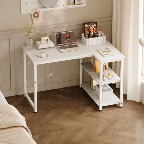 Coleshome L Shaped Computer Desk, 100x70 cm Corner Desk, Office Desk with Reversible Storage Shelves, Writing Study Table for Work Play Home Office, White