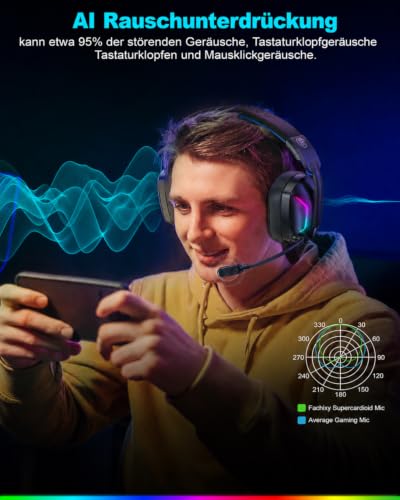 Fachixy Wireless Gaming Headset with Microphone for PS5, PS4, PC, Switch, Mac and Laptop, 2.4GHz Low Latency USB & Bluetooth, Foldable with LED Light, Surround Sound and 80 Hours Battery Life