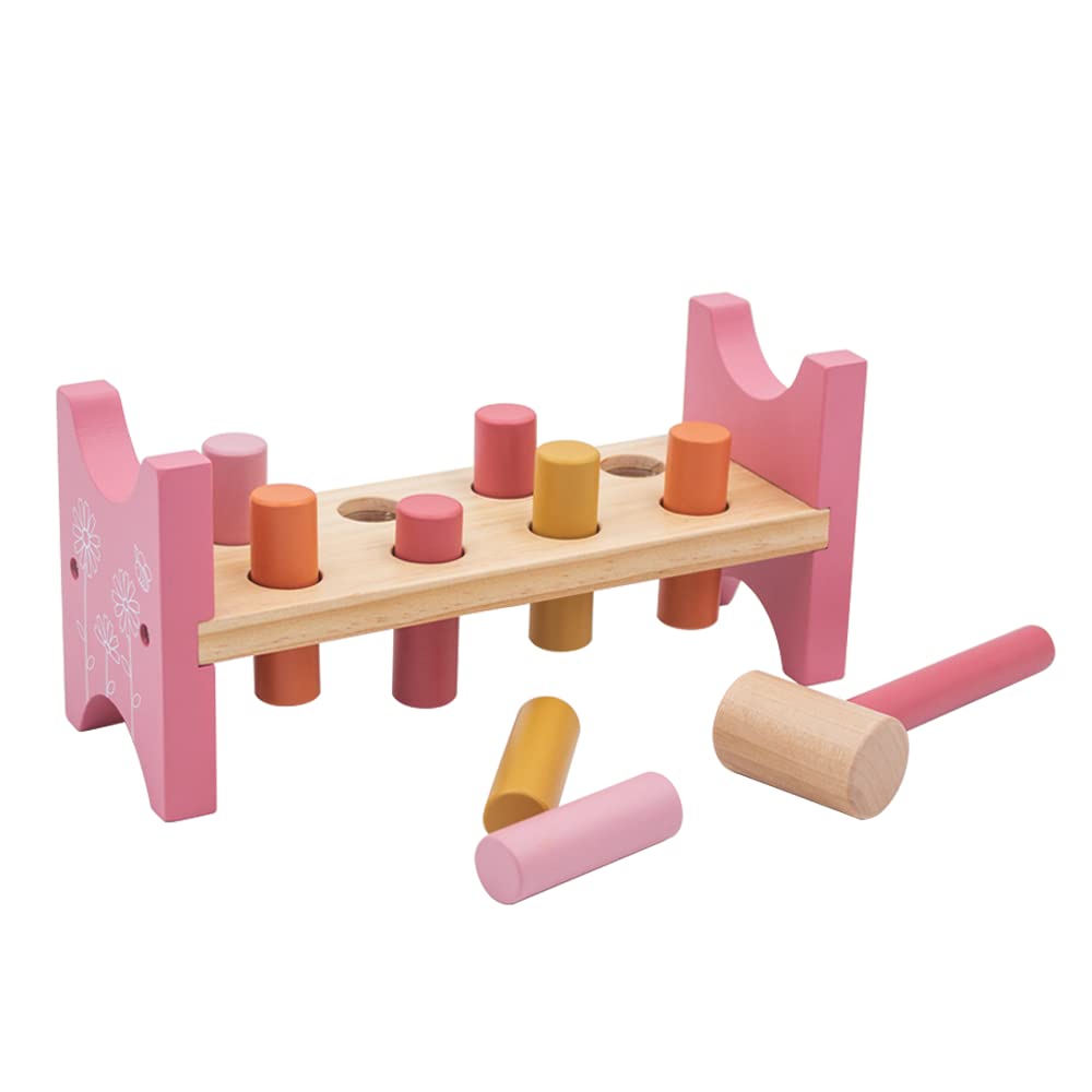 jumini Toy Wooden Hammer Bench - Pound a Peg with Wooden Hammer and 8 Wood Pegs - great Hammering Baby Toy Gift for Babies, 12months, 1, 2,3 and 4 Year Olds - Retro Pastel Colours (Pink Flower)