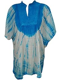 Women's Poncho Blouse Top Tie Dye Blue Embroidered Beach Caftan One Size