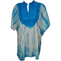 Women's Poncho Blouse Top Tie Dye Blue Embroidered Beach Caftan One Size