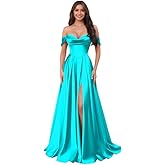 Cozcy Off Shoulder Bridesmaid Dresses with Slit Satin Ball Gown Pleated Formal Dress Evening Gown