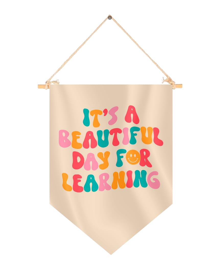 Photo 1 of 15.4x11.1 Inch Hanging Pennant with It's A Beautiful Day For Learning - Teachers Appreciation Week Gift - Canvas Hanging Single Sided Pennant Classroom Decor - Pennant Linen Flag Wall Art Banner