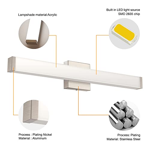 YHTlaeh Bathroom Vanity Light Brushed Nickel Square LED 24 inch 14W 4000K Natural White Light