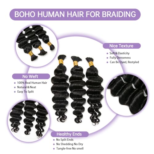 YWIGS Loose Deep Wave Boho Human Hair 100% Human Hair for Boho Braids No Weft Bulk Human Hair for Braiding 100G NC 18inch