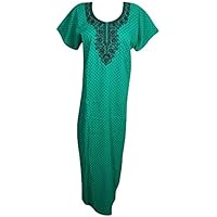Mogul Interior Womens Kaftan Round Neck Embroidered Caftan Cotton Housedress L