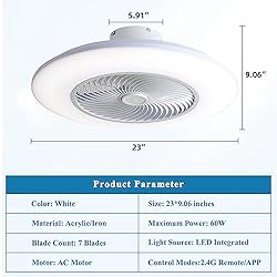 Low Profile Ceiling Fan with Light, 23" Bladeless