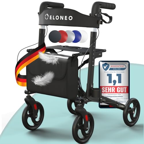 ELONEO Rollator faltbar und leicht mit Sitz, Leichtgewicht-Reiserollator aus Aluminium, Gehhilfe 8-fach höhenverstellbar, Laufhilfe 3-fach faltbar für