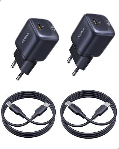 Caricatore USB C 45W, Confezione da 2 Caricatori Rapidi GaN, Alimentatore PPS PD per iPhone 17/16/15 Pro Max, Samsung Galaxy S25 Ultra/S24, iPad, MacBook, Pixel (con Cavo USB-C da 1 m)