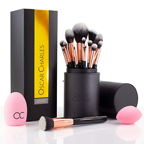 Oscar Charles 17 Pezzi: Set di pennelli per trucco professionale con frullatore di bellezza e detergente in elegante custodia (oro rosa)