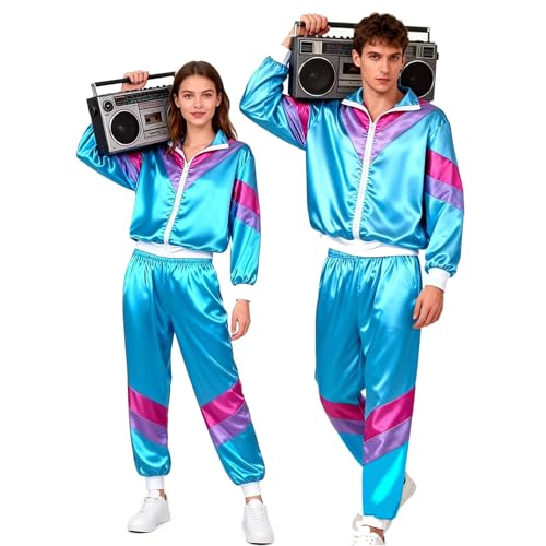 Funnity 80Er 90Er Jahre Outfit Herren Damen, 80Er Jahre Trainingsanzug Fasching, Retro Trainingsanzug Für Männer Frauen, Disco Ganzkörperanzug, Jogginganzug Karneval(Blau-Xxl)