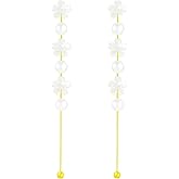 JDONL Long Pearl Flower Tassel Stud Earrings for Women Vintage Pearl Dangle Earrings Wedding Jewelry