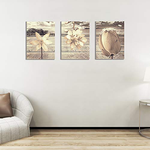 Canvas Art for Living Room Khaki Flower Wall Decor Painting and Brown Background Floral Print Pictures Artwork (12x16inch x3pcs)